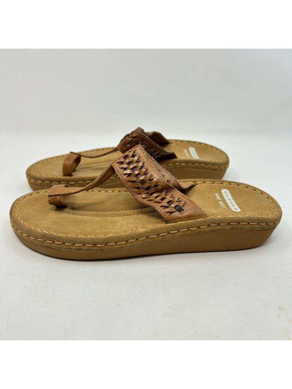 Nine West Cloud 9 Womens Tan Leather Wedge Sandals With Braided Strap Design 8.5